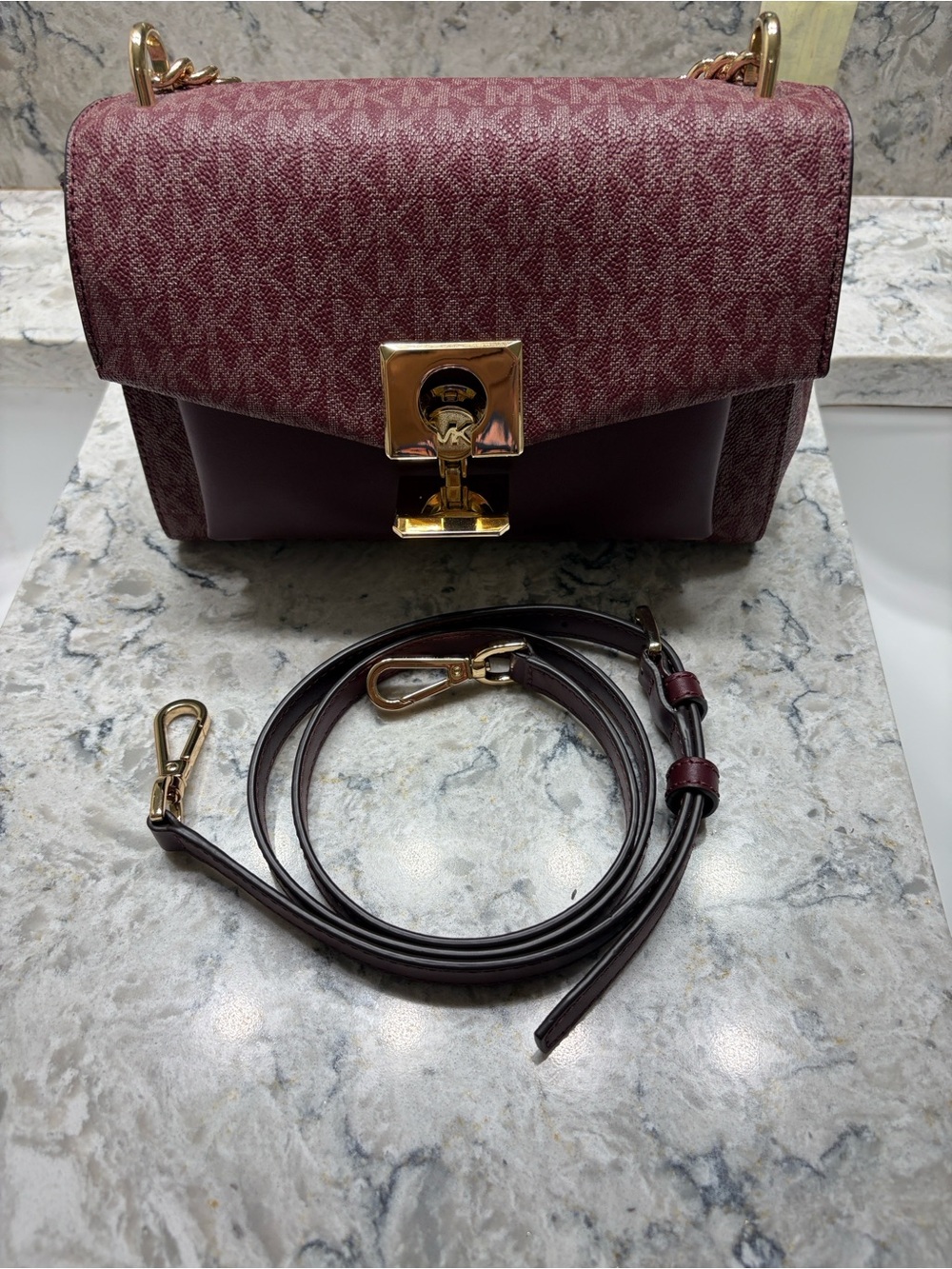 Michael Kors Burgundy Monogram Crossbody Bag with Gold Hardware
